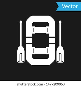 White Rafting boat icon isolated on black background. Inflatable boat with oars. Water sports, extreme sports, holiday, vacation, team building.  Vector Illustration
