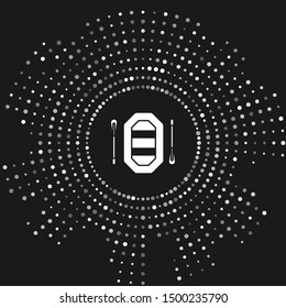 White Rafting boat icon isolated on grey background. Inflatable boat with paddles. Water sports, extreme sports, holiday, vacation. Abstract circle random dots. Vector Illustration