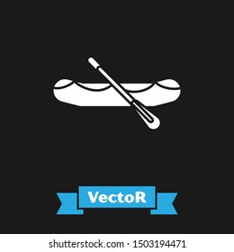White Rafting boat icon isolated on black background. Inflatable boat with paddles. Water sports, extreme sports, holiday, vacation.  Vector Illustration