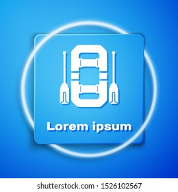 White Rafting boat icon isolated on blue background. Inflatable boat with oars. Water sports, extreme sports, holiday, vacation, team building. Blue square button. Vector Illustration