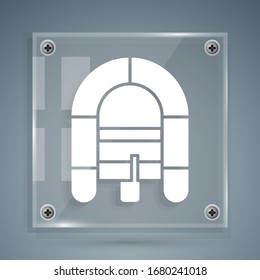 White Rafting boat icon isolated on grey background. Inflatable boat. Water sports, extreme sports, holiday, vacation. Square glass panels. Vector Illustration