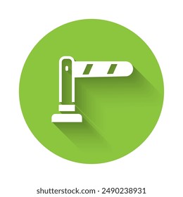 White Railway barrier icon isolated with long shadow. Green circle button. Vector
