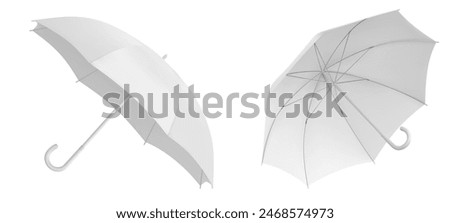 White rain umbrella mockup in different angles of view for branding promotion. Realistic 3d vector illustration set of isolated blank open automatic parasol with handle template from side and front.