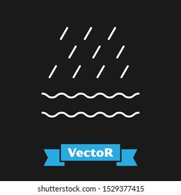 White Rain and waves icon isolated on black background. Rain cloud precipitation with rain drops.  Vector Illustration