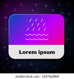 White Rain and waves icon isolated on black background. Rain cloud precipitation with rain drops. Rectangle color button. Vector Illustration