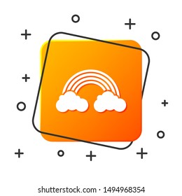 White Rainbow with clouds icon isolated on white background. Orange square button. Vector Illustration