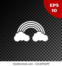 White Rainbow with clouds icon isolated on transparent dark background.  Vector Illustration