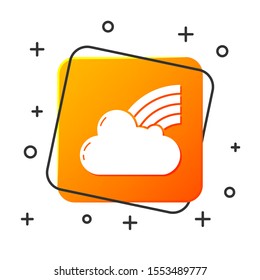 White Rainbow with clouds icon isolated on white background. Orange square button. Vector Illustration