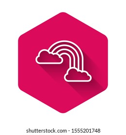 White Rainbow with clouds icon isolated with long shadow. Pink hexagon button. Vector Illustration