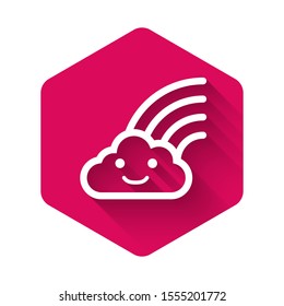 White Rainbow with clouds icon isolated with long shadow. Pink hexagon button. Vector Illustration