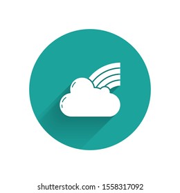White Rainbow with clouds icon isolated with long shadow. Green circle button. Vector Illustration