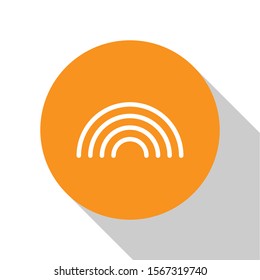 White Rainbow with clouds icon isolated on white background. Orange circle button. Vector Illustration