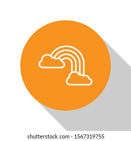 White Rainbow with clouds icon isolated on white background. Orange circle button. Vector Illustration