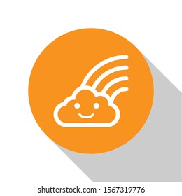 White Rainbow with clouds icon isolated on white background. Orange circle button. Vector Illustration