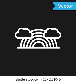 White Rainbow with clouds icon isolated on black background.  Vector Illustration