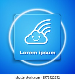 White Rainbow with clouds icon isolated on blue background. Blue square button. Vector Illustration