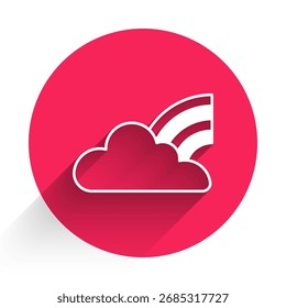 Arco-íris branco com nuvens ícone isolado com sombra longa. Botão de círculo vermelho. Vetor