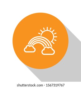 White Rainbow with clouds and sun icon isolated on white background. Orange circle button. Vector Illustration