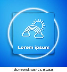 White Rainbow with clouds and sun icon isolated on blue background. Blue square button. Vector Illustration