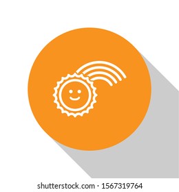 White Rainbow with sun icon isolated on white background. Orange circle button. Vector Illustration