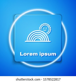 White Rainbow with sun icon isolated on blue background. Blue square button. Vector Illustration