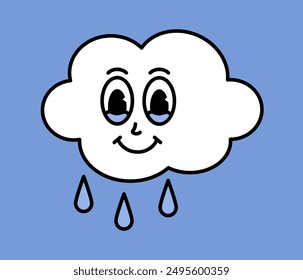 Carácter de nube lluviosa blanca con caricaturas divertidas. Pegatina estupenda con símbolos Sky. Icono de Clima. Expresión de emoticono. Ilustración vectorial retro sobre fondo azul
