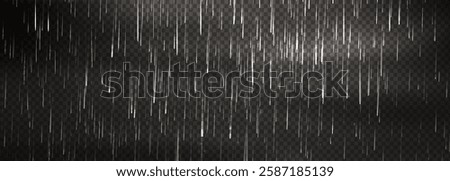 White rainy effect overlay on transparent background. Vertical illuminated drops pattern in dark atmosphere for wet weather scene creation. Realistic 3d falling streaks in night environment.