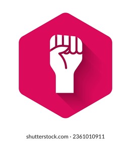 White Raised hand with clenched fist icon isolated with long shadow. Protester raised fist at a political demonstration. Empowerment. Pink hexagon button. Vector