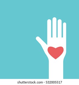 White raised hand with red heart on its palm on turquoise blue background with copy space. Help, charity and love concept. Flat design. EPS 8 vector illustration, no transparency