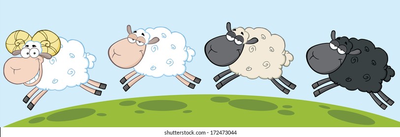 White Ram Sheep Leading Three Sheep. Vector Illustration