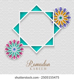 White Ramadan greeting card with bright paper Islamic ornaments. Vector illustration design