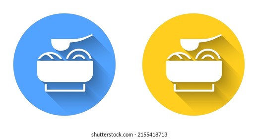 White Ramen soup bowl with noodles icon isolated with long shadow background. Bowl of traditional asian noodle soup. Circle button. Vector