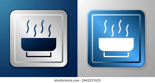 White Ramen soup bowl with noodles icon isolated on blue and grey background. Bowl of traditional asian noodle soup. Silver and blue square button. Vector