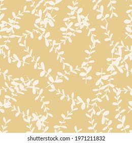 White random eucalyptus branches botanic shapes seamless pattern. Pastel beige background. Graphic design for wrapping paper and fabric textures. Vector Illustration.