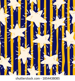 White random star silhouettes seamless doodle pattern. Striped background with navy blue and yellow lines. Perfect for wallpaper, textile, wrapping paper, fabric print. Vector illustration.