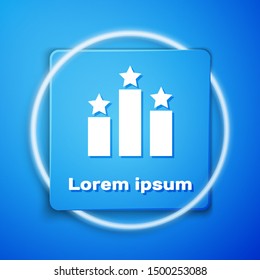 White Ranking star icon isolated on blue background. Star rating system. Favorite, best rating, award symbol. Blue square button. Vector Illustration