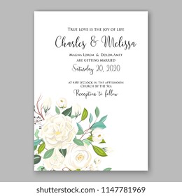 White ranunculus peony greenery bouquet bride wedding invitation template design. Vector floral template background for party celebration bridal baby shower anniversary congratulation greeting card