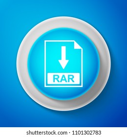 White RAR file document icon isolated on blue background. Download RAR button sign. Circle blue button with white line. Vector Illustration