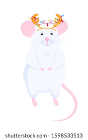 White Rat with antler. Funny mice. Lunar horoscope sign mouse. Chinese New Year 2020.