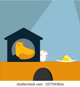 The white rat came out of the mink to hunt for a piece of cheese. The cat sleeps in her house