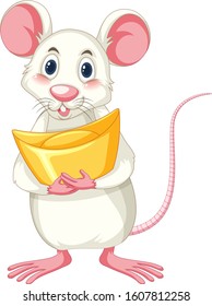 White rat holding gold on white background illustration