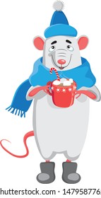 A white rat holds a cup of hot chocolate. Isolated on white. Zodiac symbol of 2020. Cartoon character of a rat in a hat, scarf and felt boots.