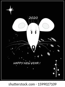 White Rat on black background, symbol of 2020 on the Chinese calendar. Happy new year card. Vector illustration.