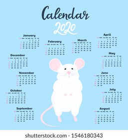 White rat with a pink tail. Calendar for 2020 from Sunday to Saturday.