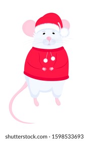 White Rat in Santa hat and red sweater. Funny mice. Lunar horoscope sign mouse. Chinese New Year 2020.
