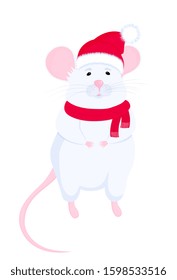 White Rat in Santa hat and scarf. Funny mice. Lunar horoscope sign mouse. Chinese Happy New Year 2020.