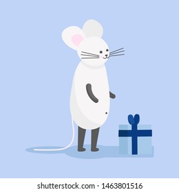 
The white rat is the symbol of the new year 2020 on the Chinese calendar. Greeting card with a cute little mouse on a blue background. Vector illustration.