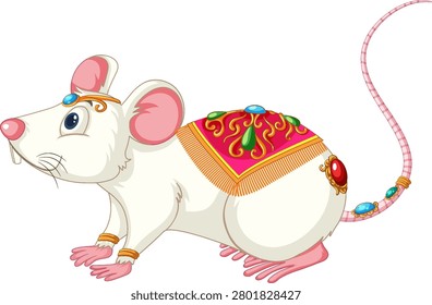 A white rat vector illustration wearing a decorative pink saddle and gold jewelry accents.