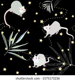 White rats and mice - a symbol of 2020 new year - on gray-blue background. New Year stars holiday seamless pattern. The night starry sky vector illustration. Constellations. Palm tree leaves. Eps 10