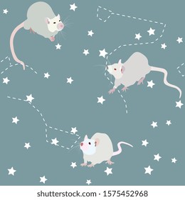 White rats and mice - a symbol of 2020 new year - on gray-blue background. New Year stars holiday seamless pattern. The night starry sky vector illustration. Constellations. Eps 10
.